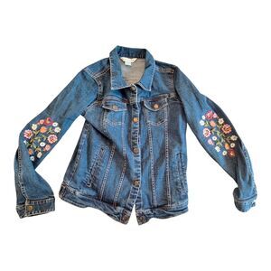 Garnet Hill Girls' Floral Embroidered Denim Jacket Snap Front Closure size XL